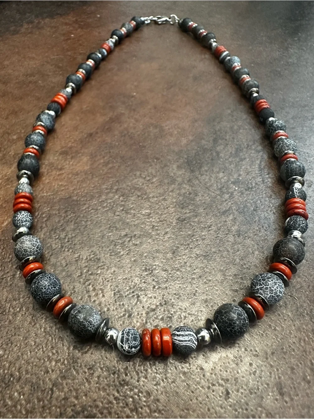 Textured Gray and Brown Bead Unisex Necklace